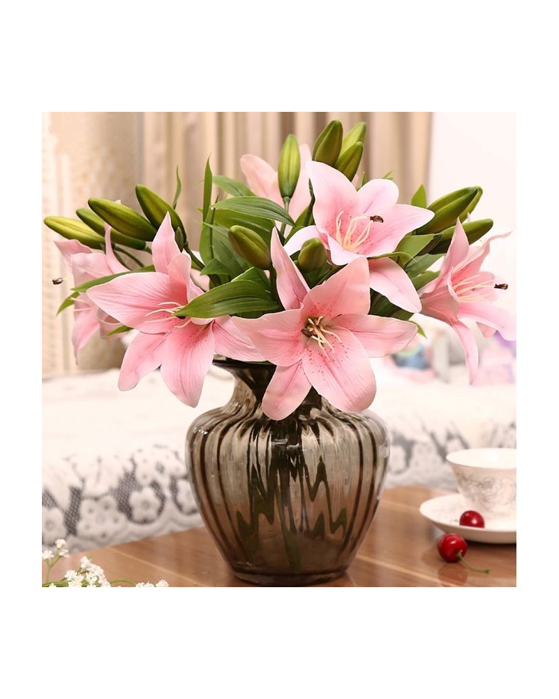3 Heads Artificial Fake Lily Flowers Bouquet Home-Light Pink